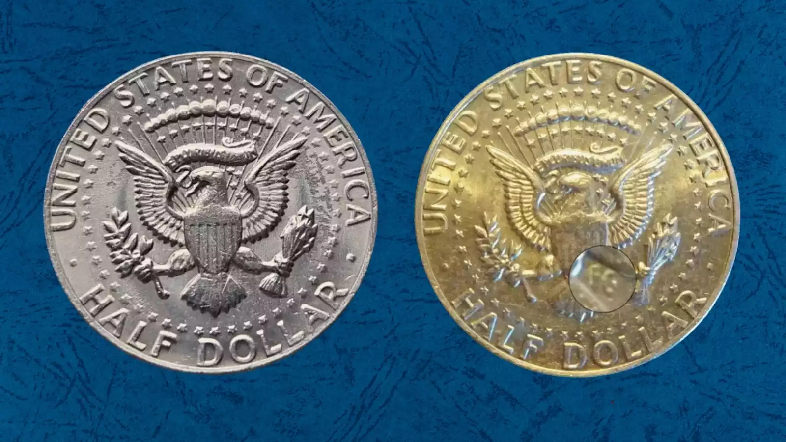 Side-by-side comparison of 1983-P Kennedy Half Dollar reverse showing normal FG initials vs No FG error with missing designer initials