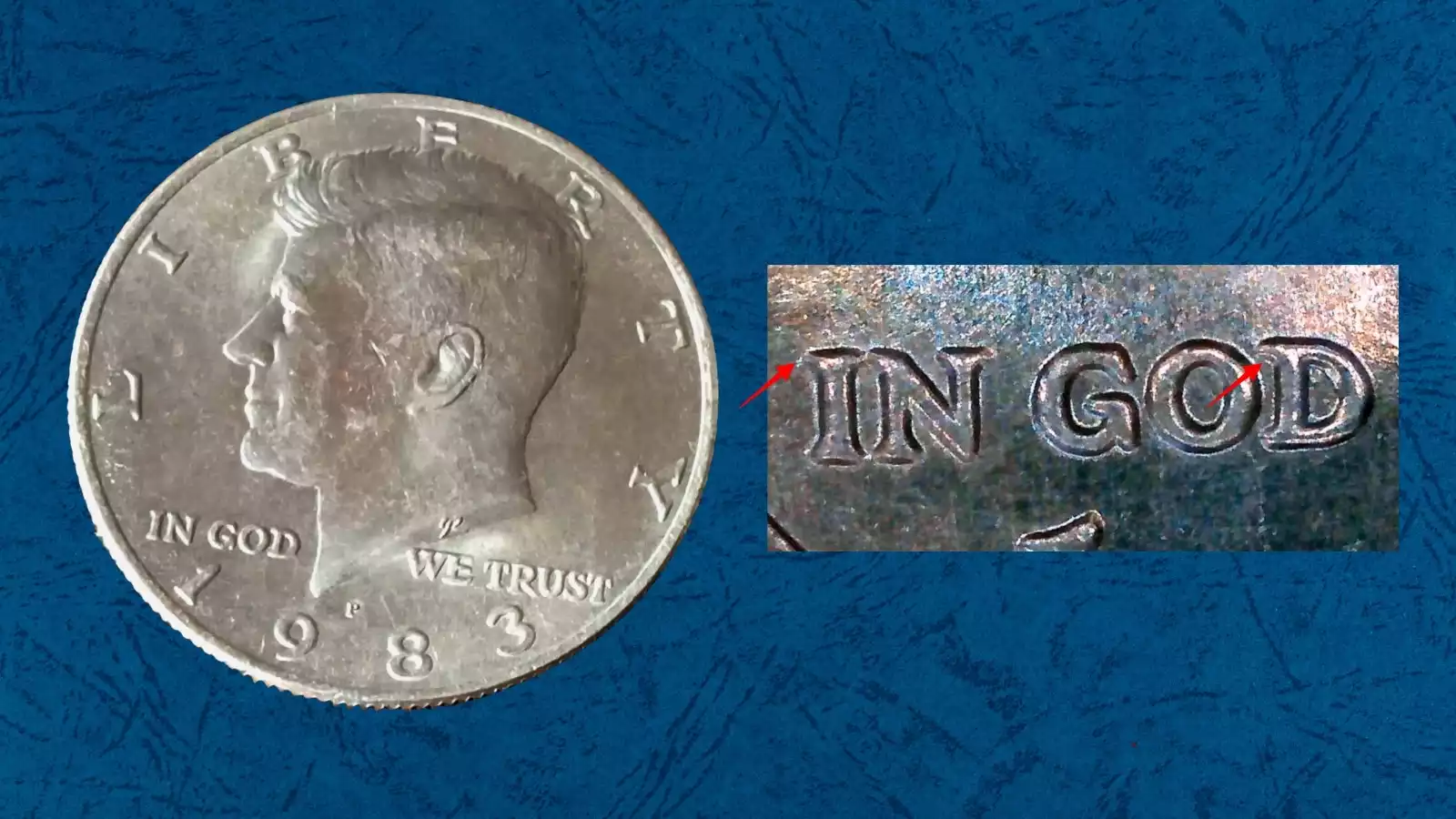 1983 Kennedy Half Dollar obverse close-up showing Doubled Die Obverse DDO error with doubled lettering on IN GOD WE TRUST