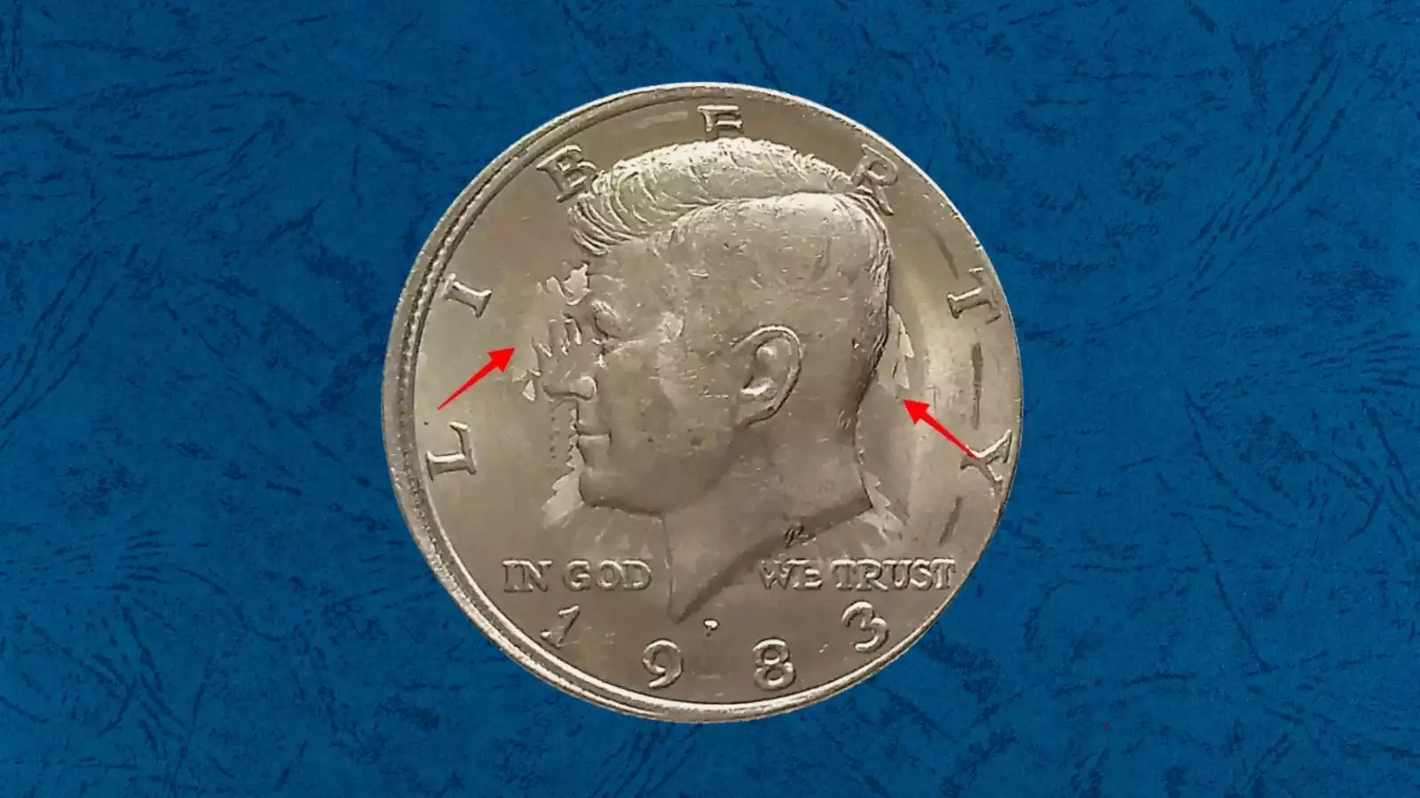 1983 Kennedy Half Dollar die clash error showing ghost eagle silhouette transferred to obverse near JFK portrait