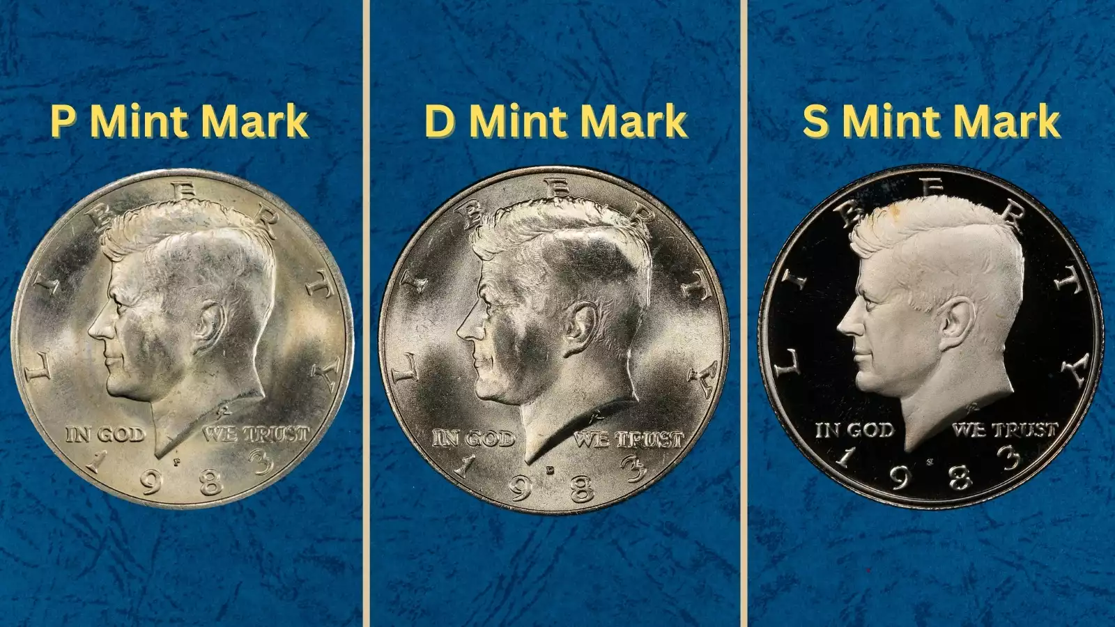 Group of 1983 Kennedy half dollars showing survival spectrum from worn circulated examples to gem uncirculated quality