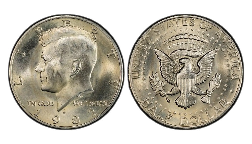 1983 Kennedy Half Dollar grading strip showing four condition tiers from worn through circulated, uncirculated, to gem Mint State